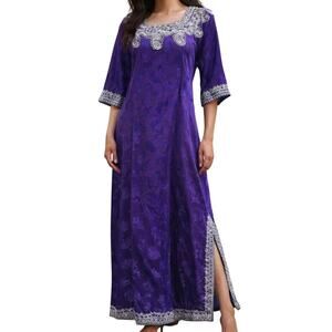 Vintage 90s Women's Medium Royal Purple Embossed Maxi Dress Silver Trim